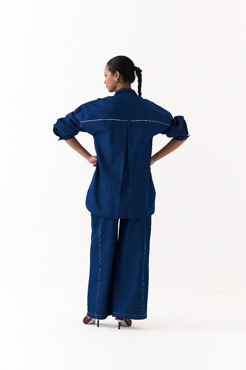 PATCH U HEM TOP-DENIM BLUE by THREE in blue color for women in Singapore