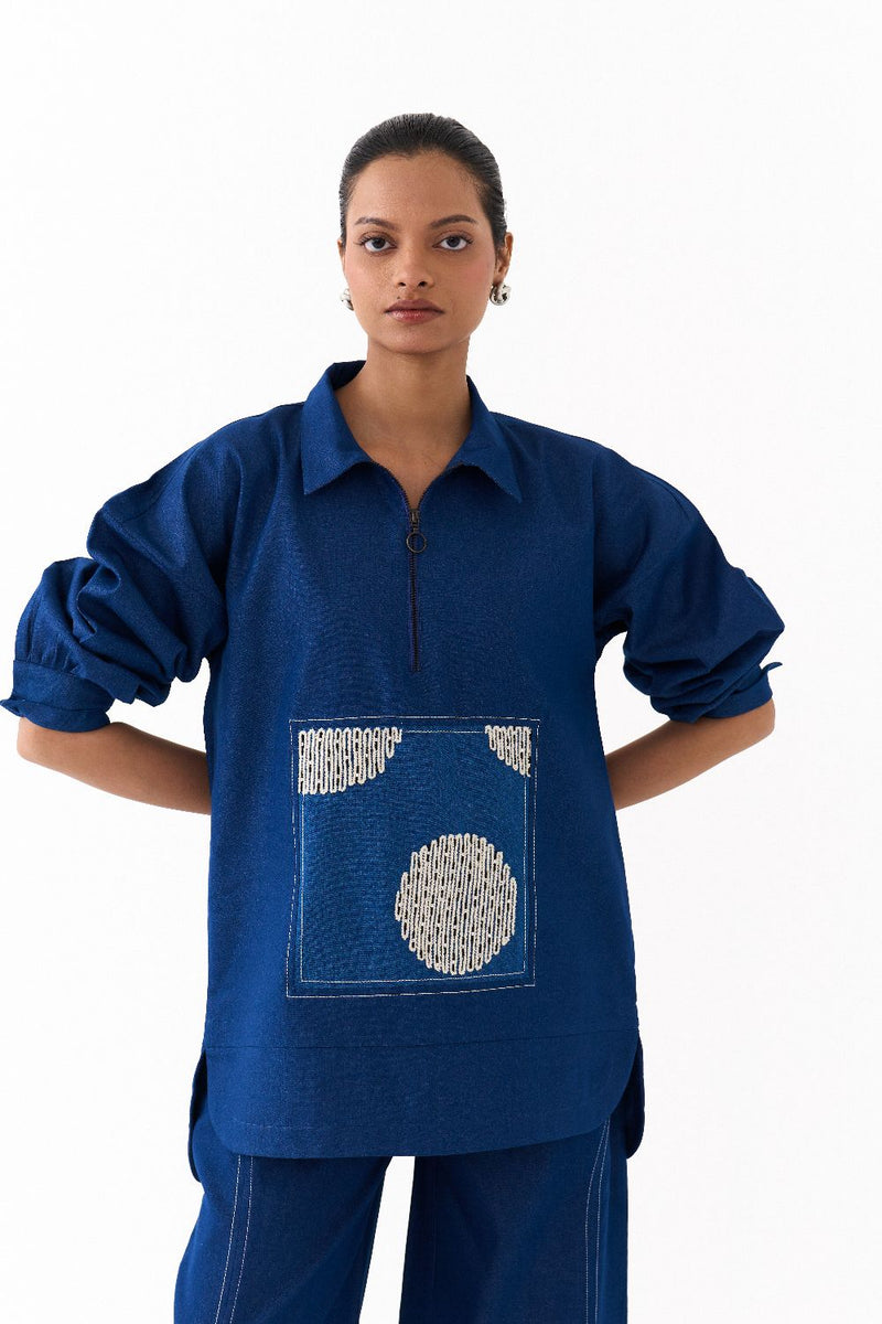 PATCH U HEM TOP-DENIM BLUE by THREE in blue color for women in Singapore