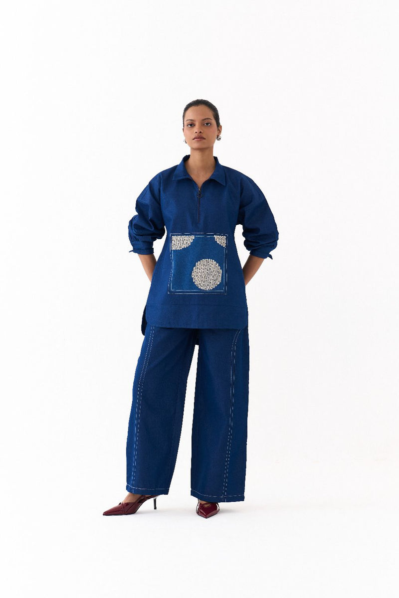PATCH U HEM TOP-DENIM BLUE by THREE in blue color for women in Singapore
