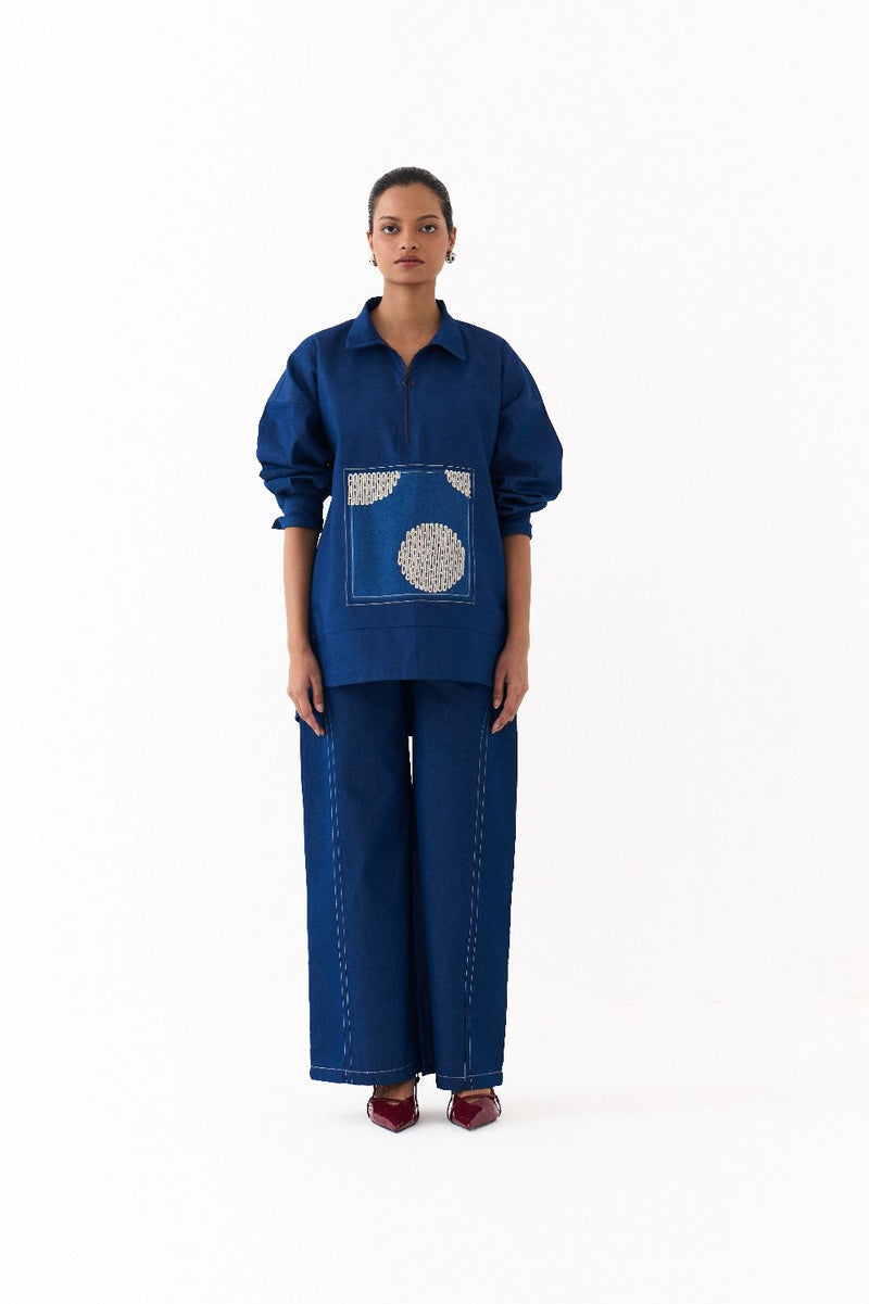 PATCH U HEM TOP-DENIM BLUE by THREE in blue color for women in Singapore