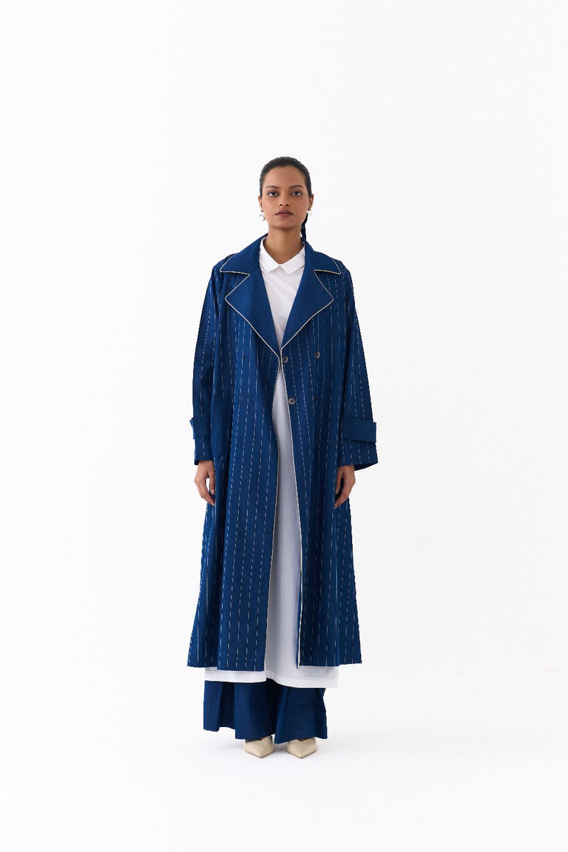 DOUBLE BREASTED TRENCH OVERLAY-DENIM BLUE by THREE in blue color for women in Singapore