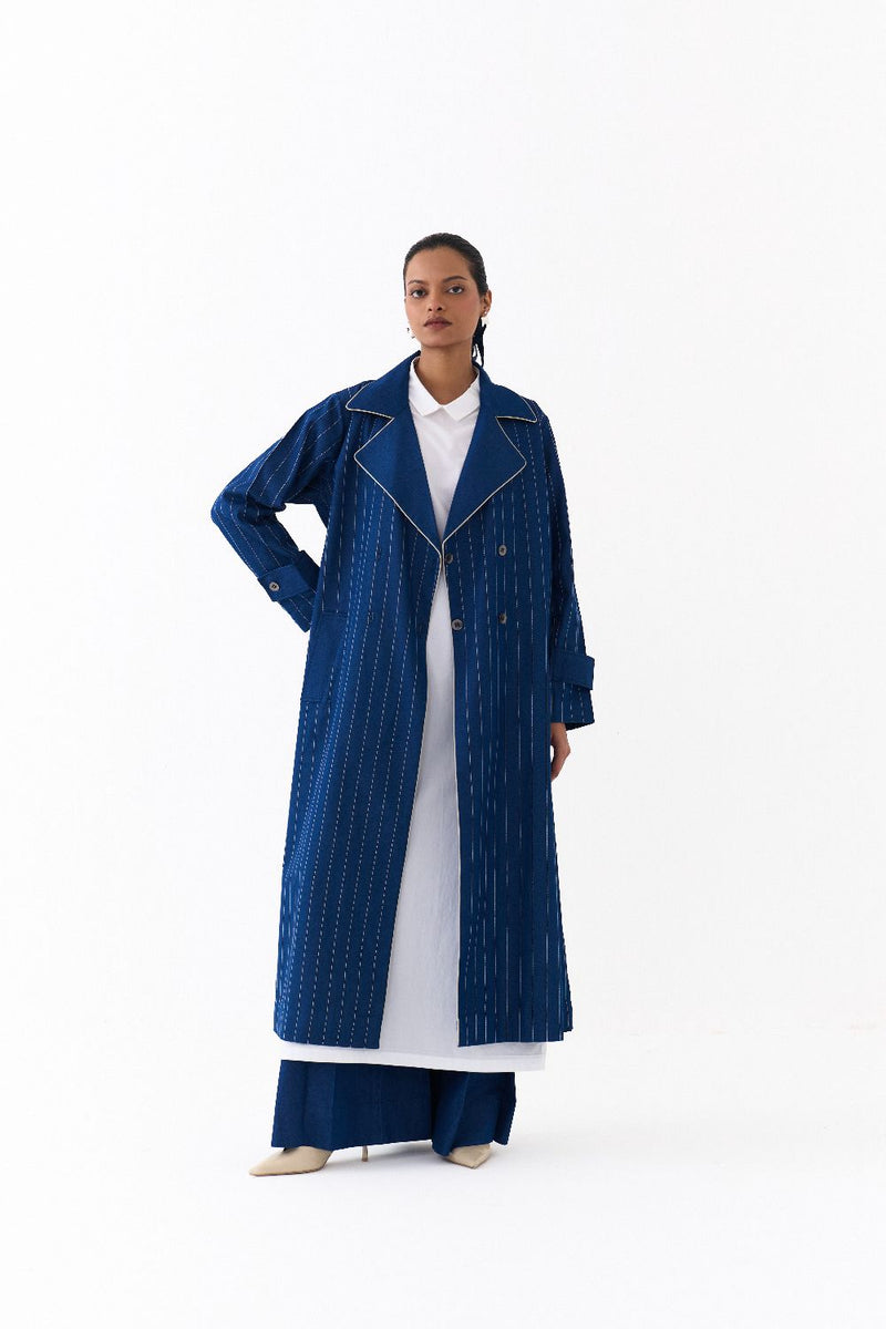 DOUBLE BREASTED TRENCH OVERLAY-DENIM BLUE by THREE in blue color for women in Singapore