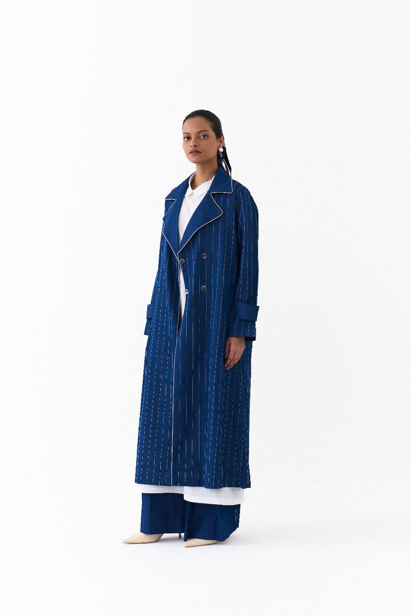 DOUBLE BREASTED TRENCH OVERLAY-DENIM BLUE by THREE in blue color for women in Singapore