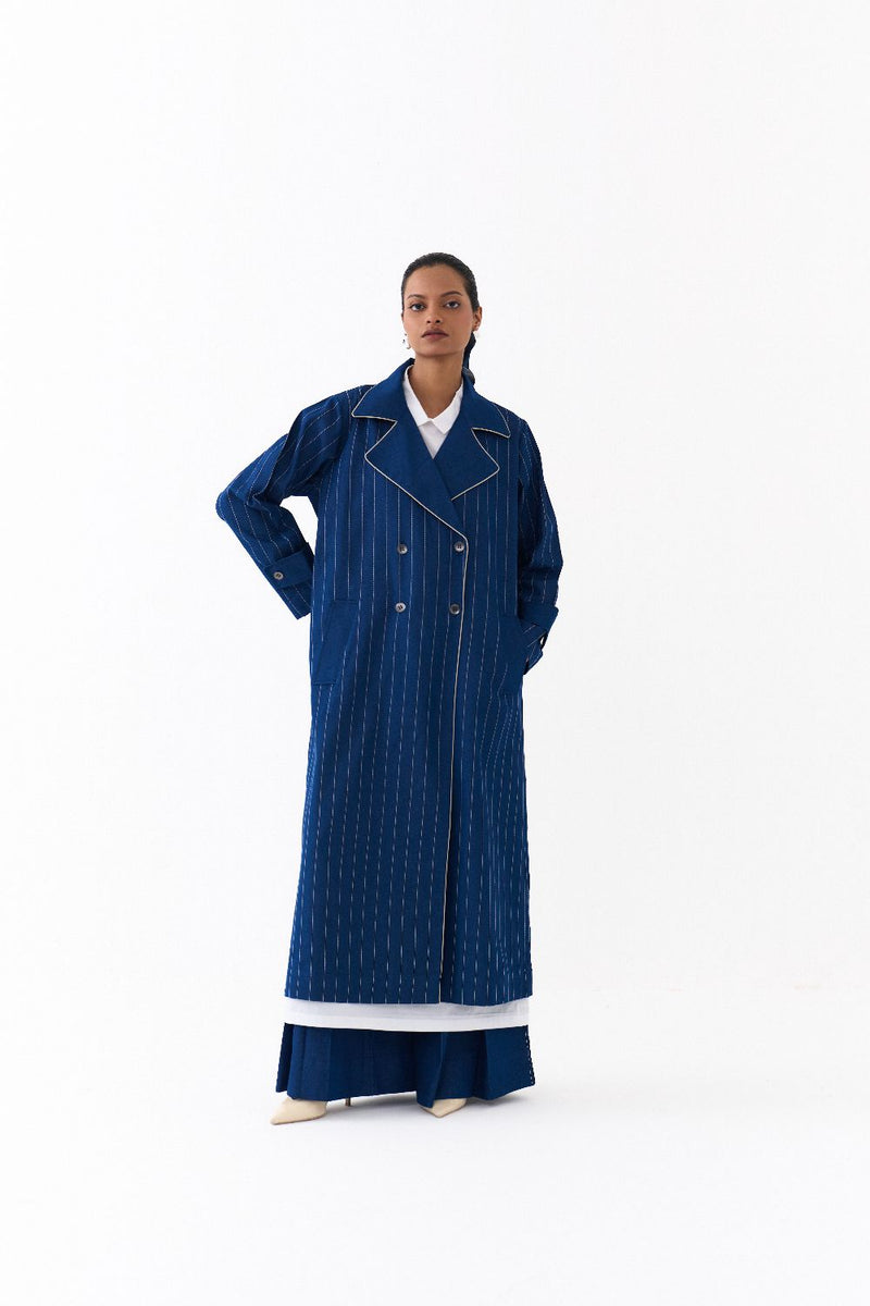 DOUBLE BREASTED TRENCH OVERLAY-DENIM BLUE by THREE in blue color for women in Singapore