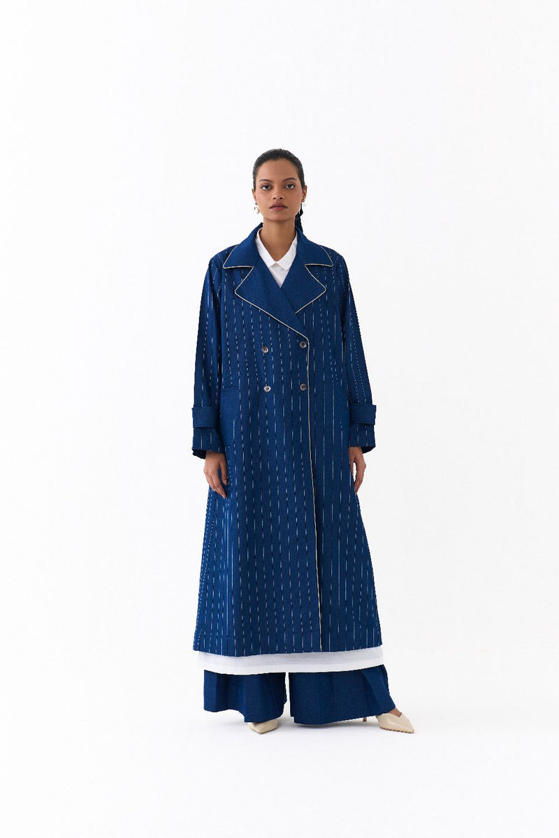 DOUBLE BREASTED TRENCH OVERLAY-DENIM BLUE by THREE in blue color for women in Singapore