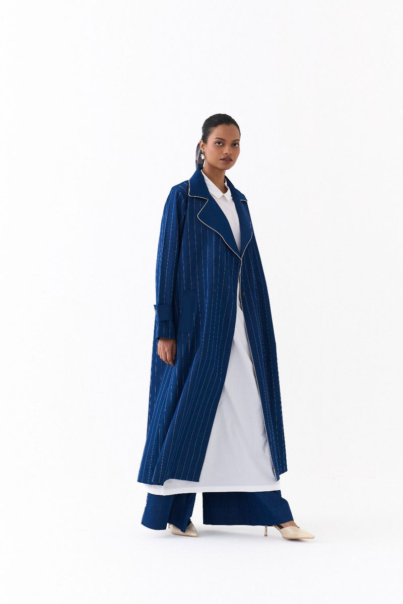 DOUBLE BREASTED TRENCH OVERLAY-DENIM BLUE by THREE in blue color for women in Singapore