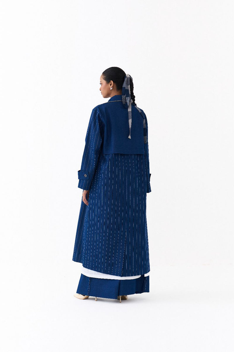 DOUBLE BREASTED TRENCH OVERLAY-DENIM BLUE by THREE in blue color for women in Singapore