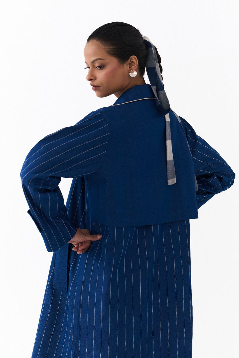 DOUBLE BREASTED TRENCH OVERLAY-DENIM BLUE by THREE in blue color for women in Singapore