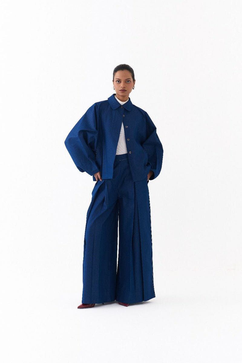 BAT SLEEVE JACKET CO ORD
(SET OF 2)-DENIM BLUE by THREE in blue color for women in Singapore