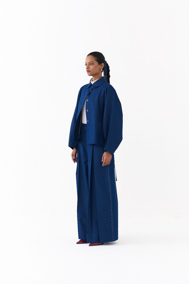 BAT SLEEVE JACKET CO ORD
(SET OF 2)-DENIM BLUE by THREE in blue color for women in Singapore