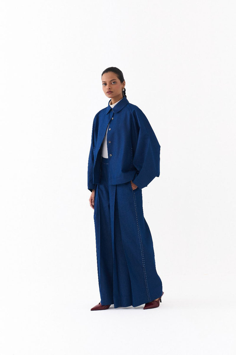 BAT SLEEVE JACKET -DENIM BLUE by THREE in blue color for women in Singapore