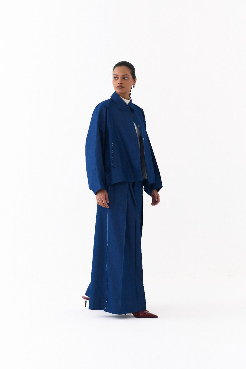 BAT SLEEVE JACKET CO ORD
(SET OF 2)-DENIM BLUE by THREE in blue color for women in Singapore
