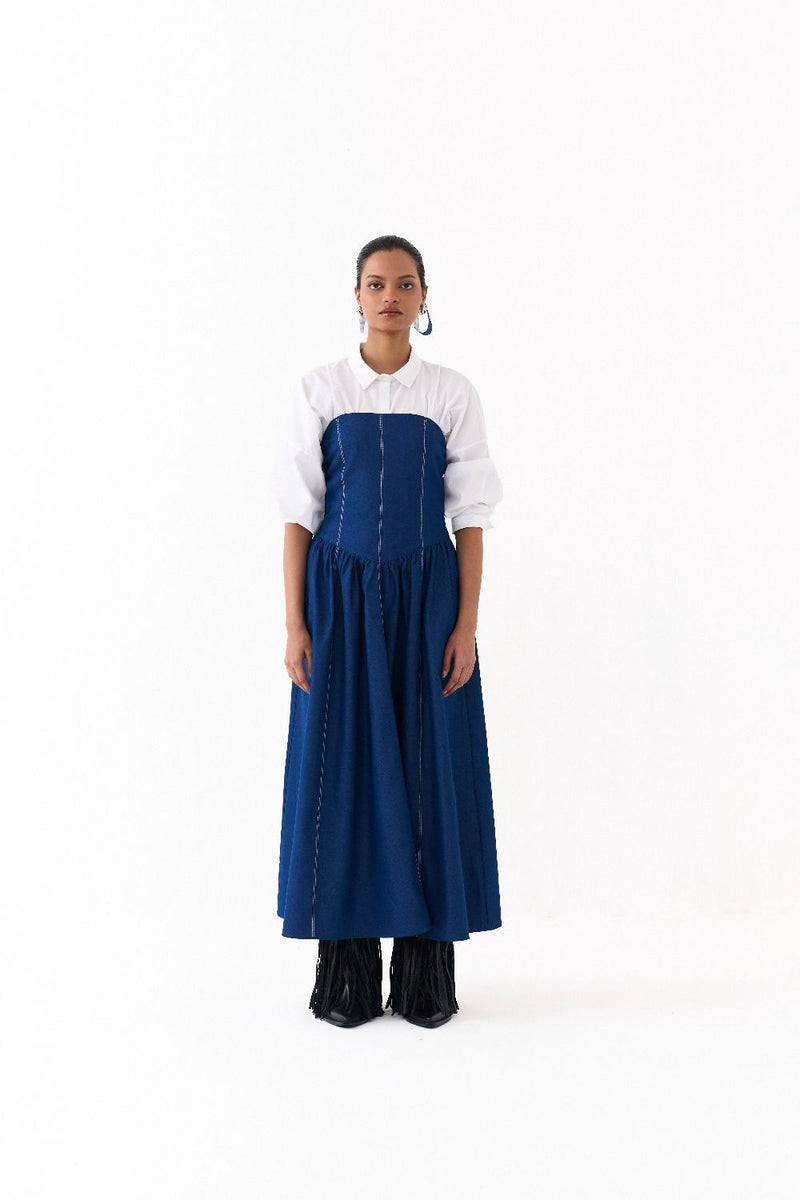 CORSET DRESS CO ORD
(SET OF 2)-DENIM BLUE & WHITE 100% cotton by THREE in blue color for women in Singapore