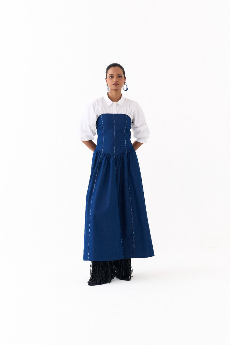 CORSET DRESS CO ORD
(SET OF 2)-DENIM BLUE & WHITE 100% cotton by THREE in blue color for women in Singapore