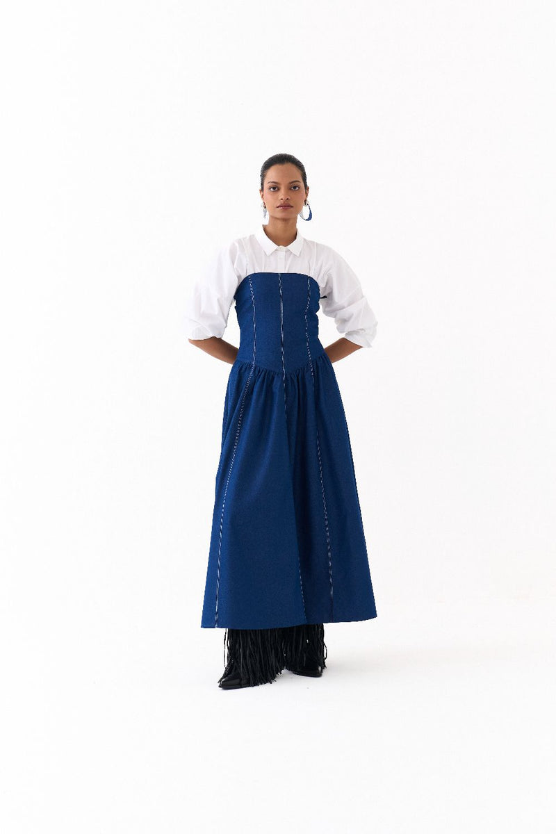 CORSET DRESS CO ORD
(SET OF 2)-DENIM BLUE & WHITE 100% cotton by THREE in blue color for women in Singapore