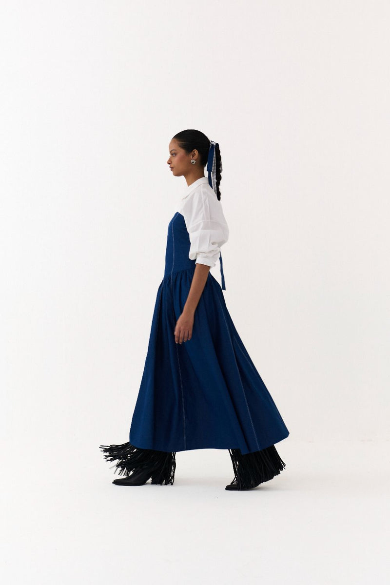 CORSET DRESS CO ORD
(SET OF 2)-DENIM BLUE & WHITE 100% cotton by THREE in blue color for women in Singapore