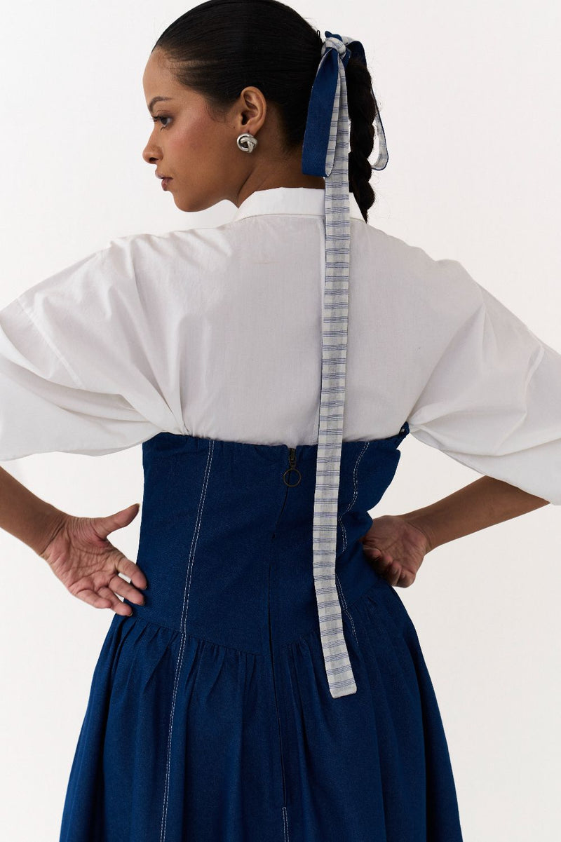 CORSET DRESS CO ORD
(SET OF 2)-DENIM BLUE & WHITE 100% cotton by THREE in blue color for women in Singapore