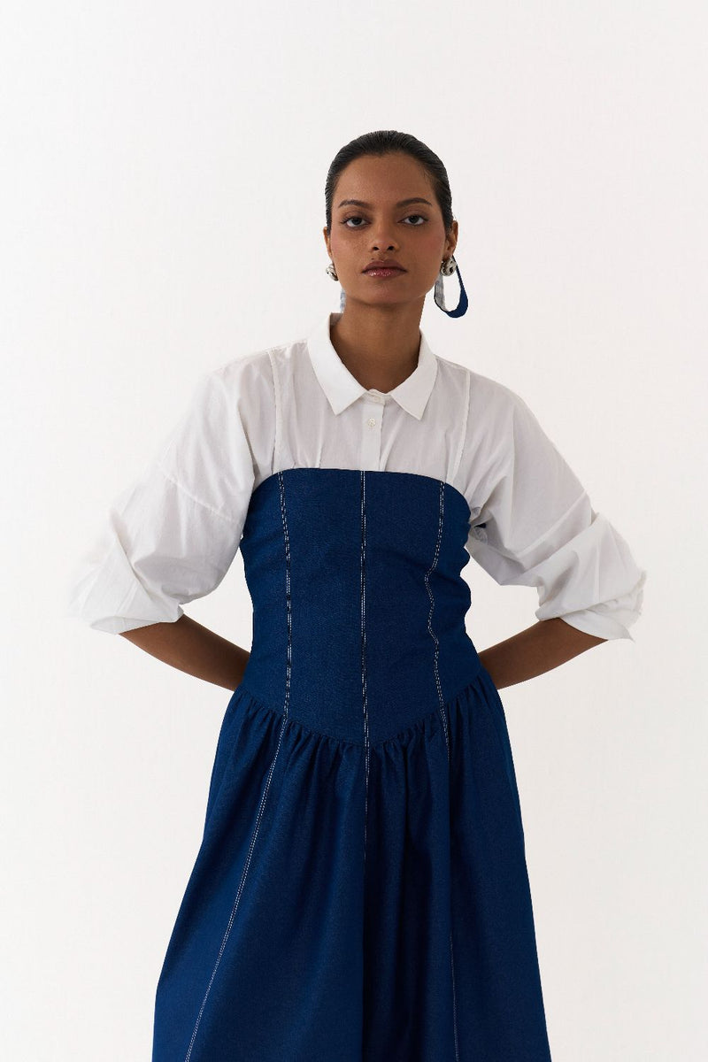 CORSET DRESS CO ORD
(SET OF 2)-DENIM BLUE & WHITE 100% cotton by THREE in blue color for women in Singapore