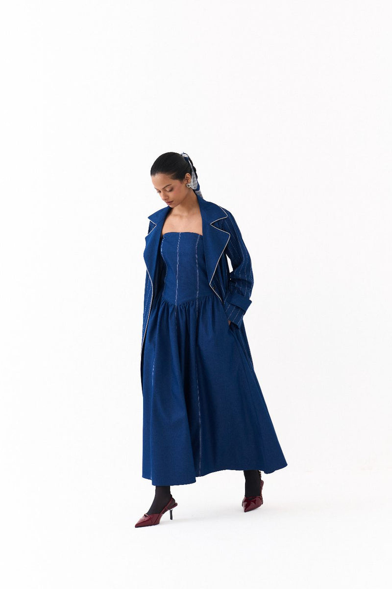 CORSET DRESS CO ORD
(SET OF 2)-DENIM BLUE by THREE in blue color for women in Singapore