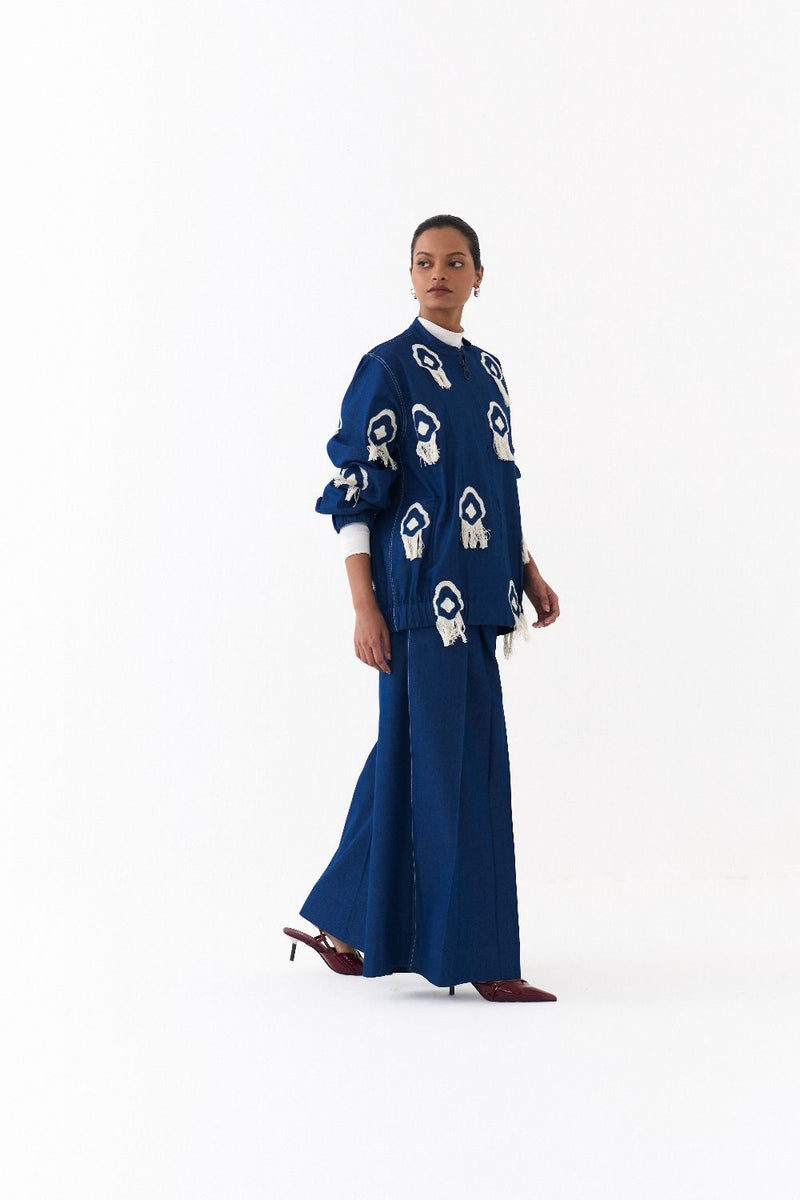 FRINGE BOMBER -DENIM BLUE by THREE in blue color for women in Singapore