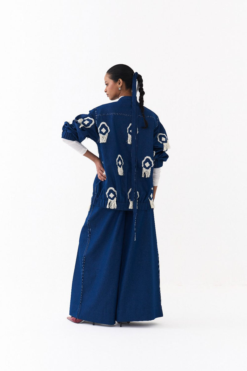 FRINGE BOMBER CO ORD (SET OF 2)-DENIM BLUE by THREE in blue color for women in Singapore