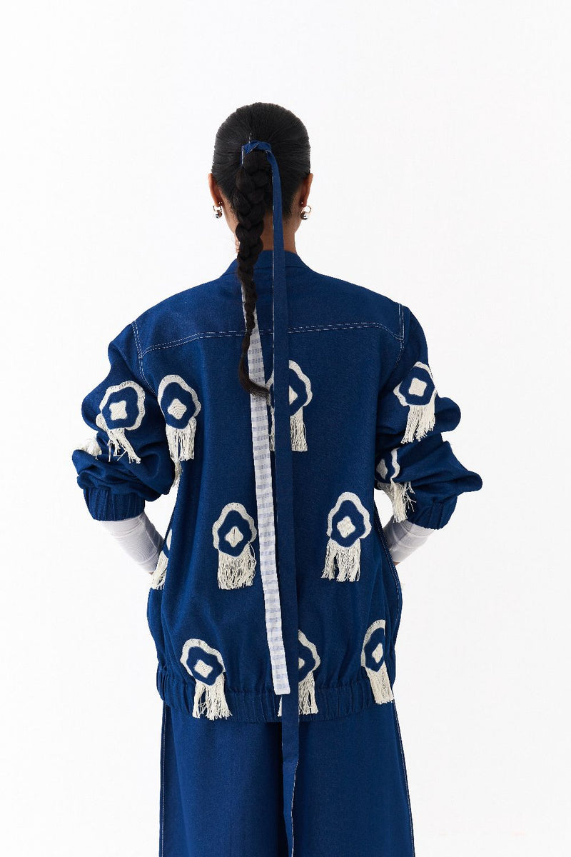 FRINGE BOMBER -DENIM BLUE by THREE in blue color for women in Singapore