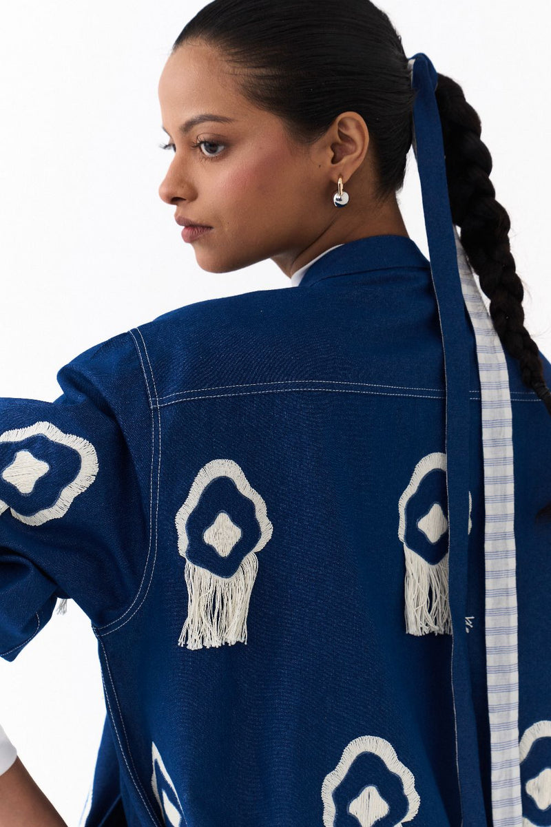 FRINGE BOMBER CO ORD (SET OF 2)-DENIM BLUE by THREE in blue color for women in Singapore