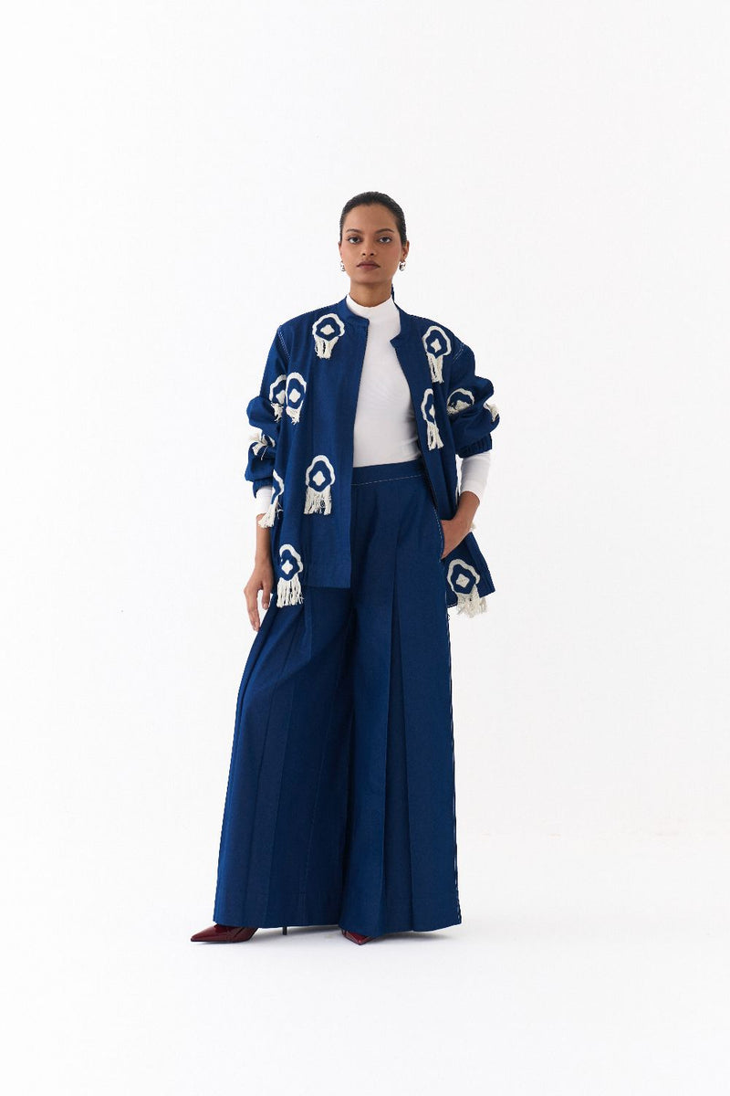 FRINGE BOMBER -DENIM BLUE by THREE in blue color for women in Singapore