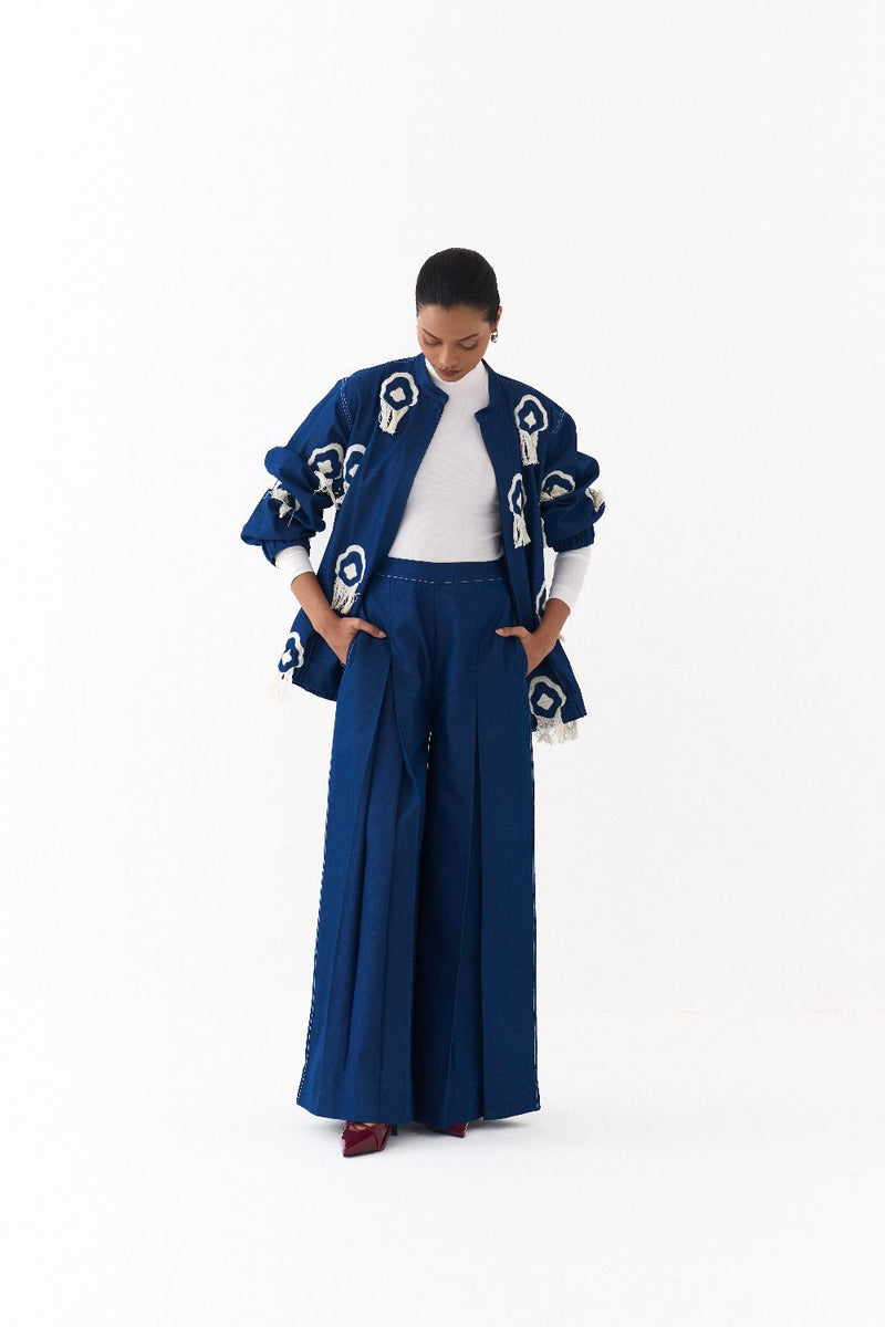 FRINGE BOMBER -DENIM BLUE by THREE in blue color for women in Singapore