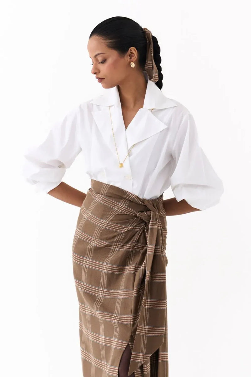 TWIST SKIRT CO ORD (SET OF 2)-CEDAR & WHITE 100% cotton by THREE for women in Singapore
