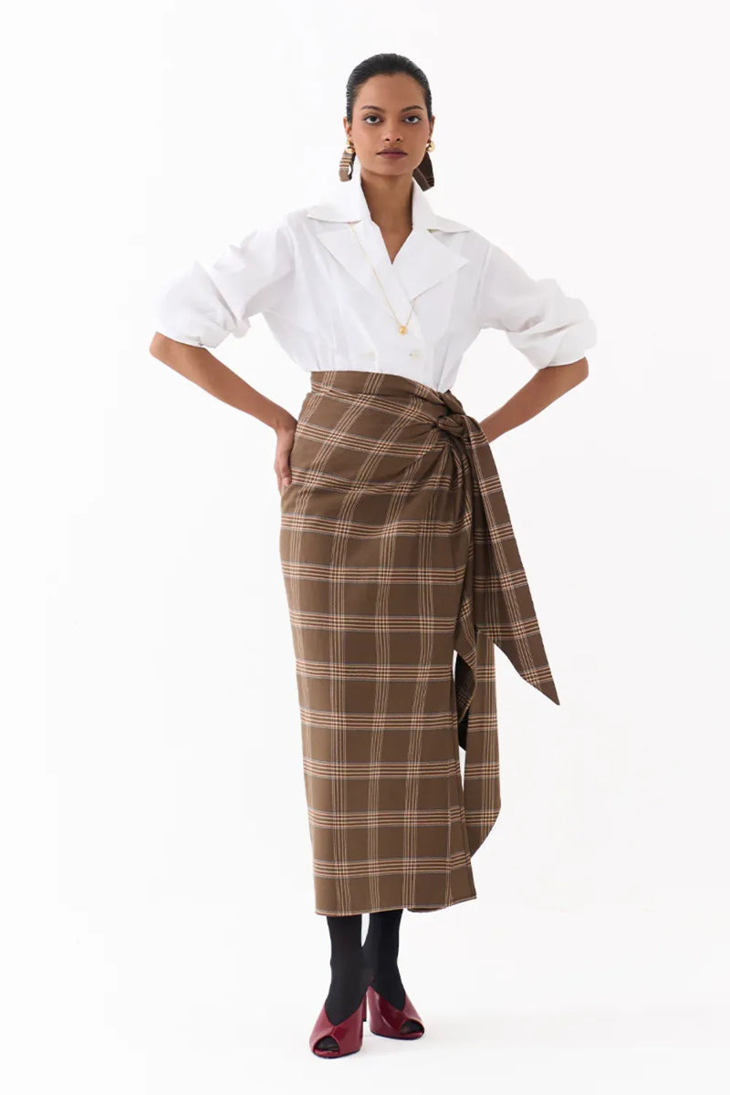 TWIST SKIRT CO ORD (SET OF 2)-CEDAR & WHITE 100% cotton by THREE for women in Singapore