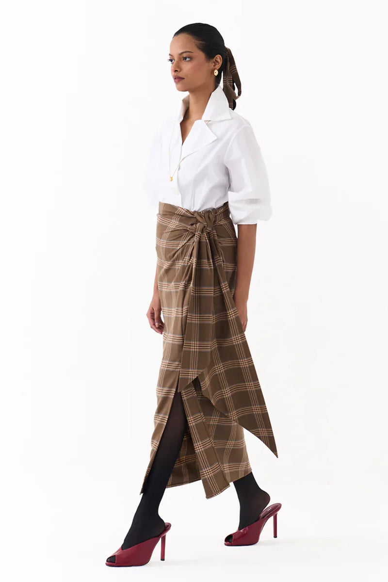 TWIST SKIRT CO ORD (SET OF 2)-CEDAR & WHITE 100% cotton by THREE for women in Singapore