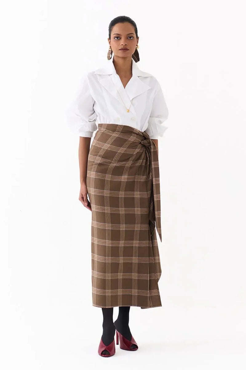 TWIST SKIRT CO ORD (SET OF 2)-CEDAR & WHITE 100% cotton by THREE for women in Singapore