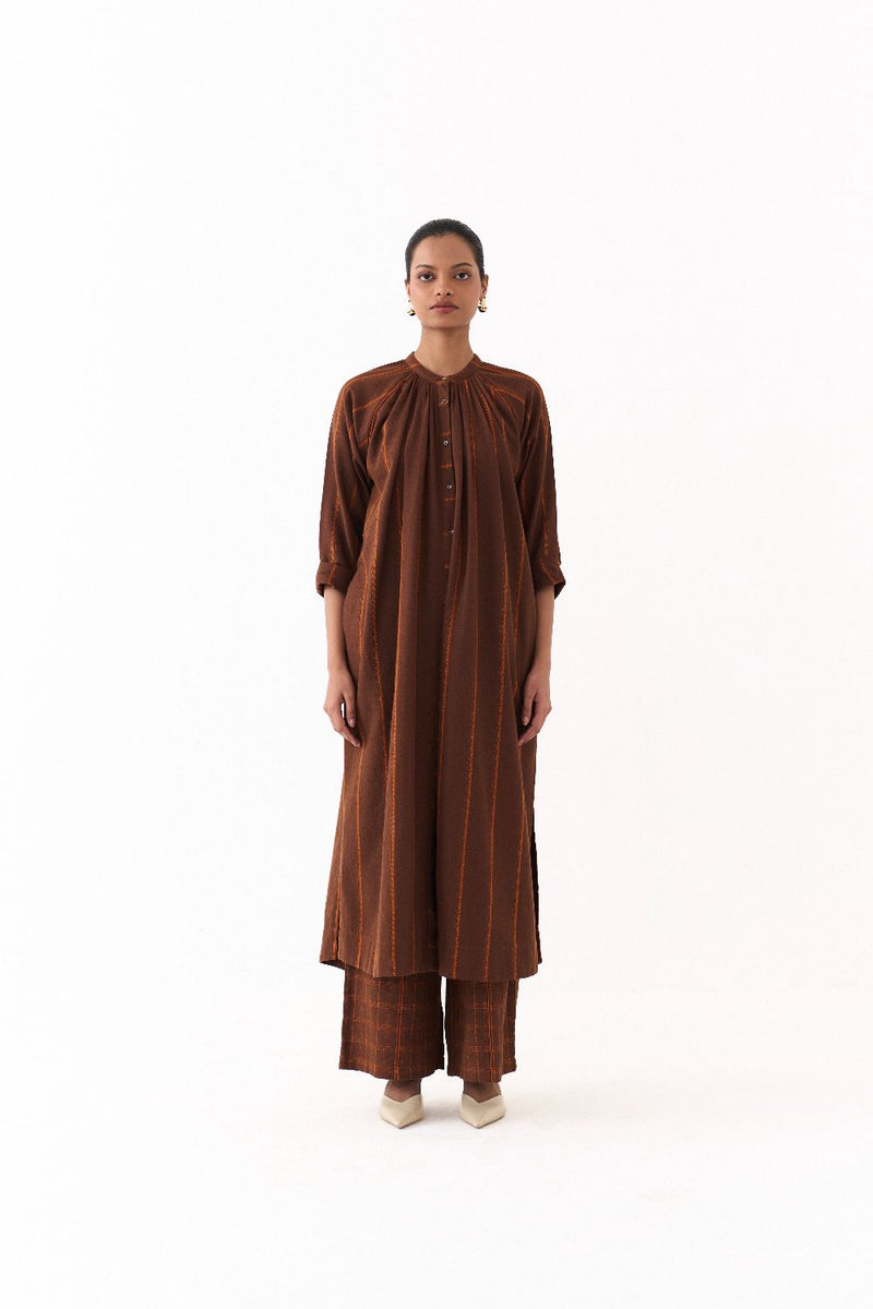 GATHER NECK CO ORD (SET OF 2)-BROWN AND RUST STRIPE by THREE in brown color for women in Singapore