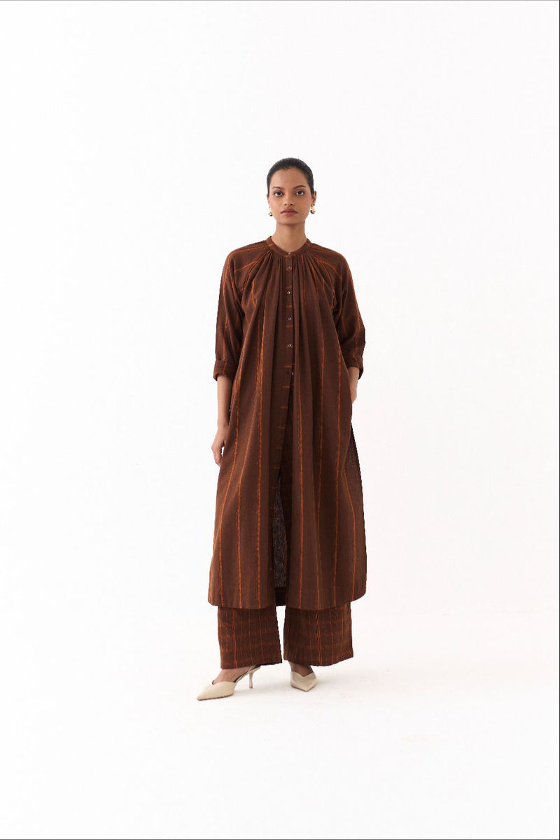 GATHER NECK CO ORD (SET OF 2)-BROWN AND RUST STRIPE by THREE in brown color for women in Singapore