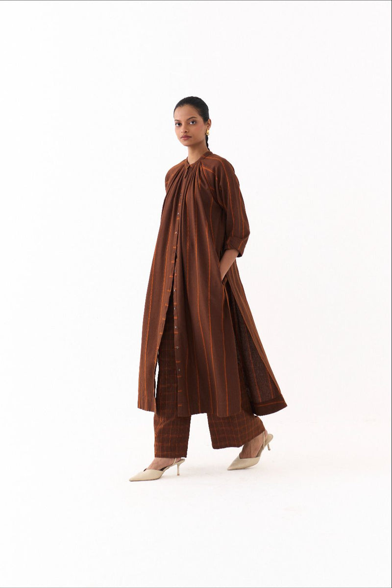 GATHER NECK CO ORD (SET OF 2)-BROWN AND RUST STRIPE by THREE in brown color for women in Singapore