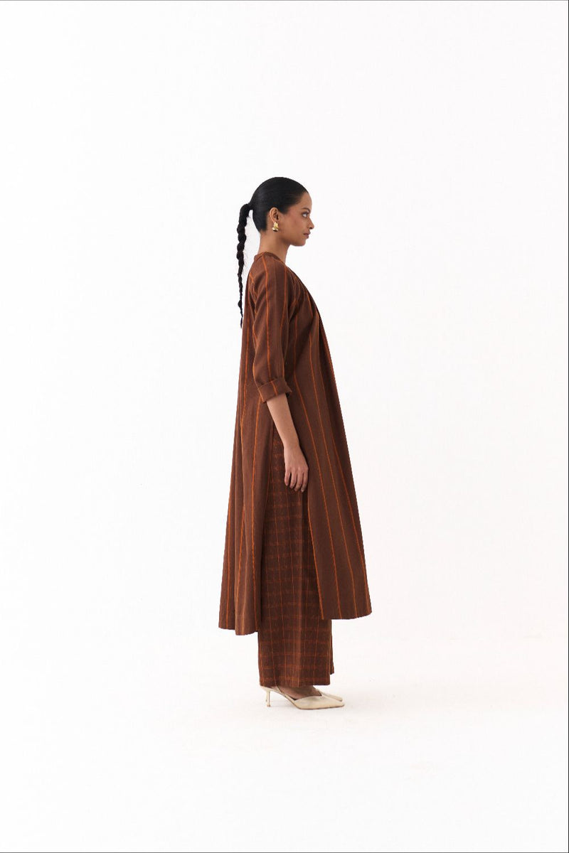 GATHER NECK CO ORD (SET OF 2)-BROWN AND RUST STRIPE by THREE in brown color for women in Singapore