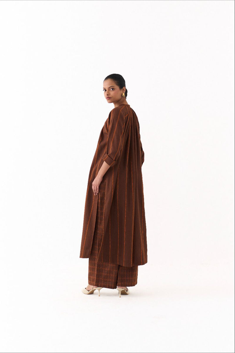 GATHER NECK CO ORD (SET OF 2)-BROWN AND RUST STRIPE by THREE in brown color for women in Singapore