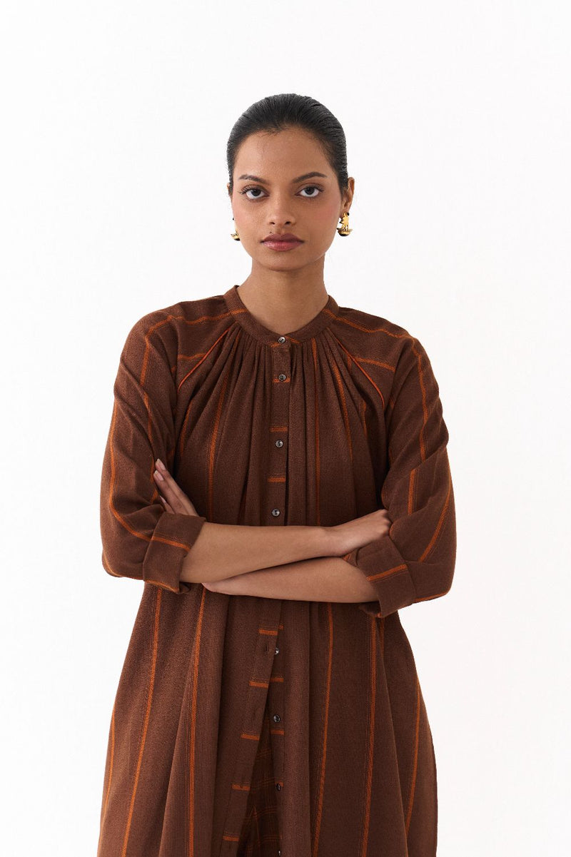 GATHER NECK CO ORD (SET OF 2)-BROWN AND RUST STRIPE by THREE in brown color for women in Singapore
