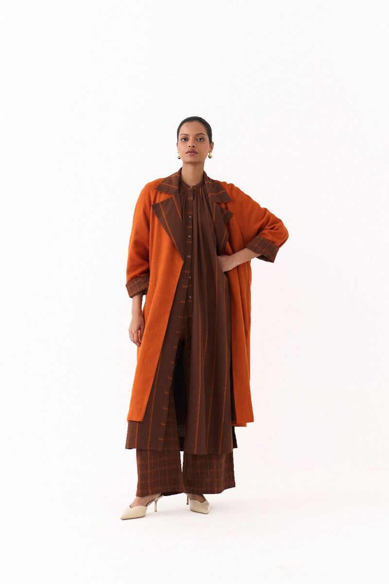 TRENCH JACKET CO ORD (SET OF 3)-BROWN AND RUST STRIPE by THREE in brown color for women in Singapore
