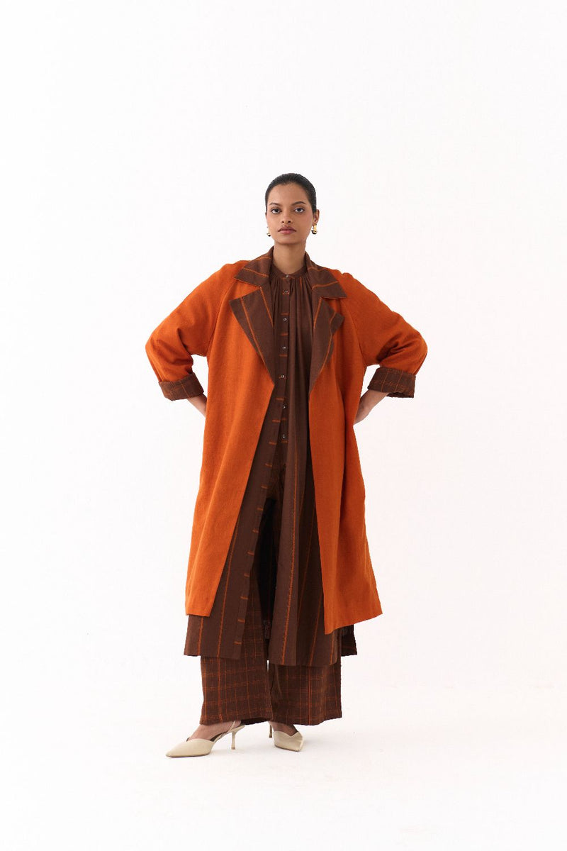 TRENCH JACKET-RUST; 
BROWN AND RUST STRIPE AND 
BROWN AND RUST CHECK mul by THREE in multi color for women in Singapore