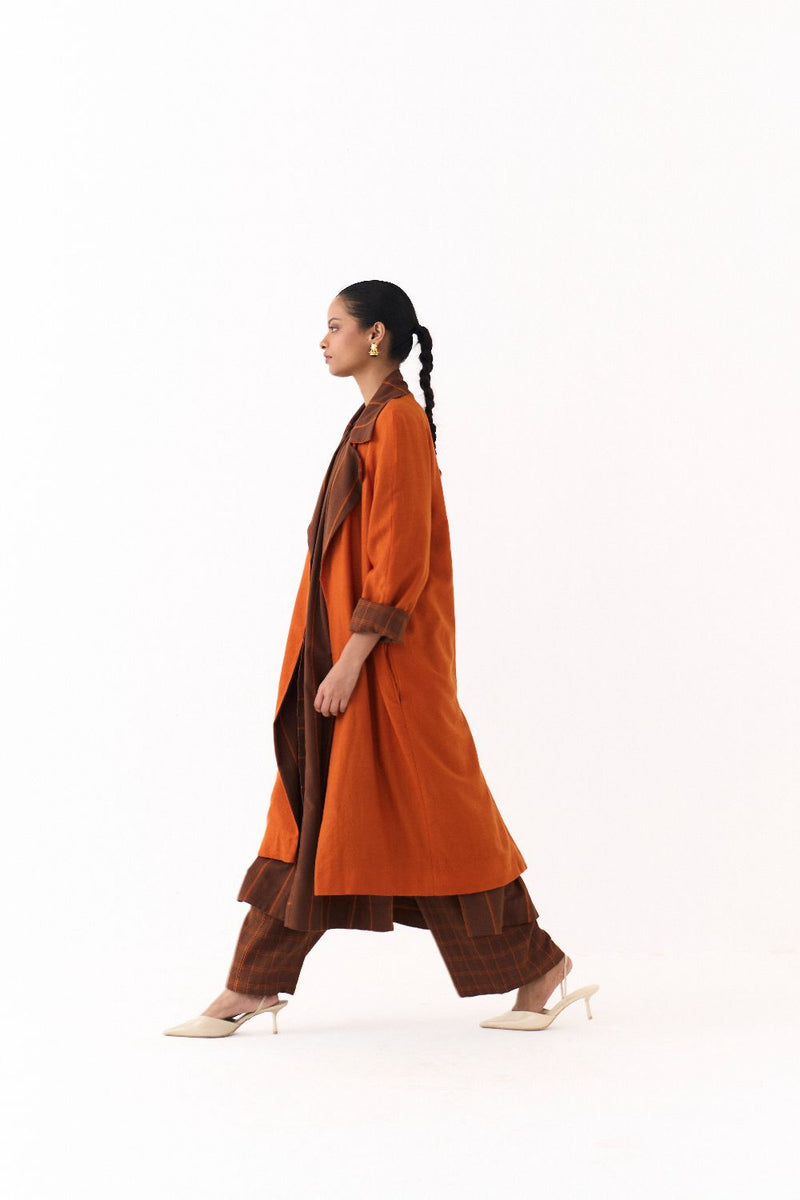 TRENCH JACKET CO ORD (SET OF 3)-BROWN AND RUST STRIPE by THREE in brown color for women in Singapore