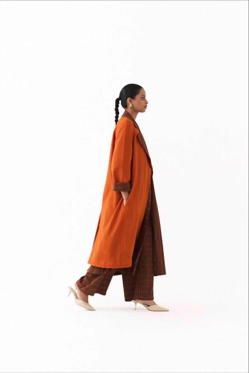 TRENCH JACKET-RUST; 
BROWN AND RUST STRIPE AND 
BROWN AND RUST CHECK mul by THREE in multi color for women in Singapore