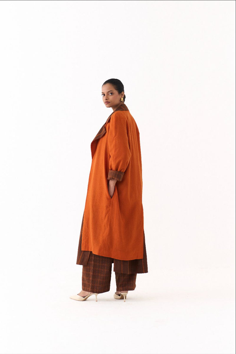 TRENCH JACKET-RUST; 
BROWN AND RUST STRIPE AND 
BROWN AND RUST CHECK mul by THREE in multi color for women in Singapore