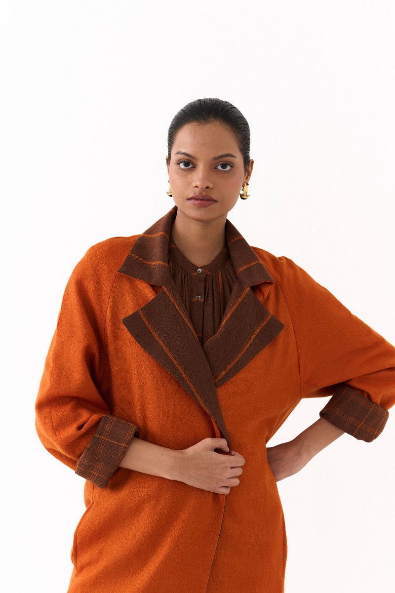 TRENCH JACKET-RUST; 
BROWN AND RUST STRIPE AND 
BROWN AND RUST CHECK mul by THREE in multi color for women in Singapore
