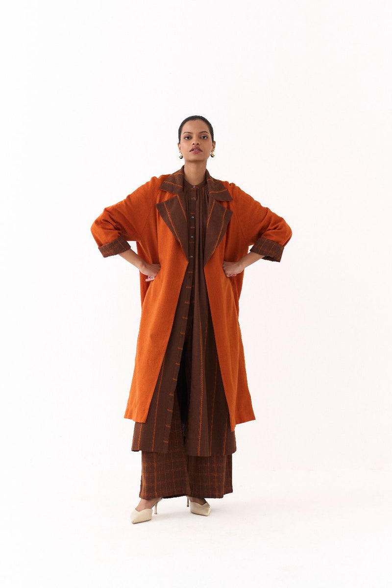 TRENCH JACKET-RUST; 
BROWN AND RUST STRIPE AND 
BROWN AND RUST CHECK mul by THREE in multi color for women in Singapore