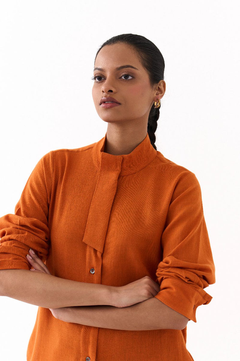 FLAP PLACKET TUNIC-RUST by THREE in rust color for women in Singapore