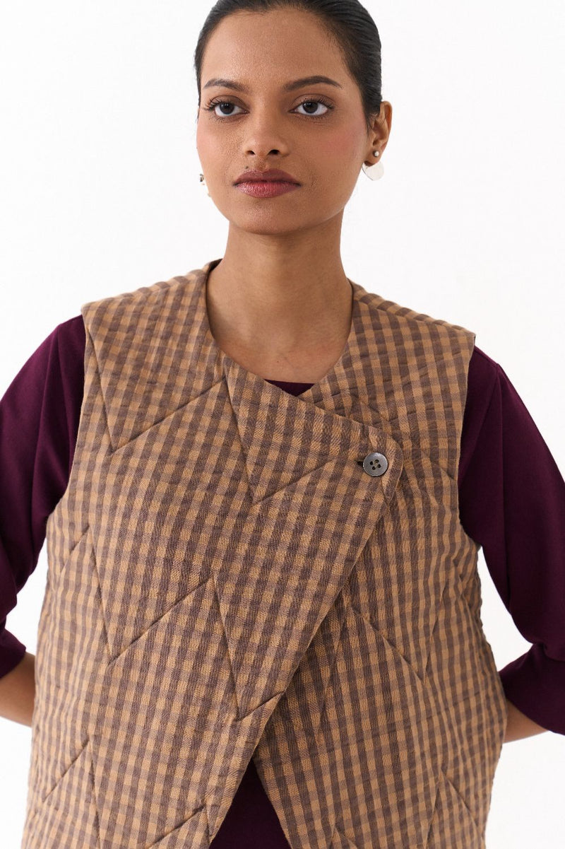 QUILTED VEST-CARAMEL mul by THREE for women in Singapore