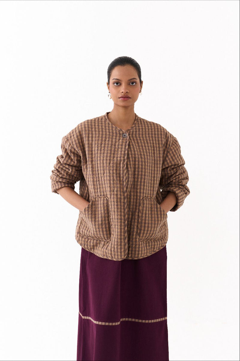 U HEM QUILTED JACKET CO ORD (SET OF 2)-CARAMEL & TWILL mul by THREE for women in Singapore