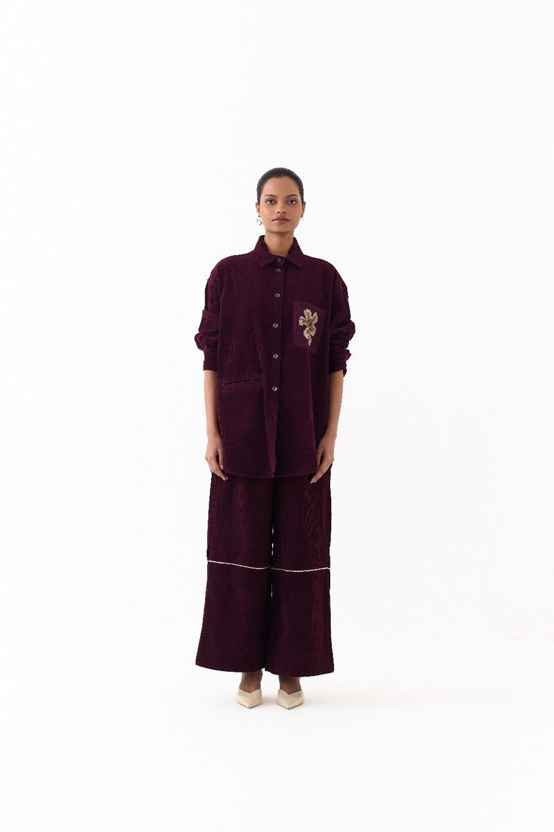 OVERSIZED U HEM SHIRT-WINE corduroy by THREE for women in Singapore